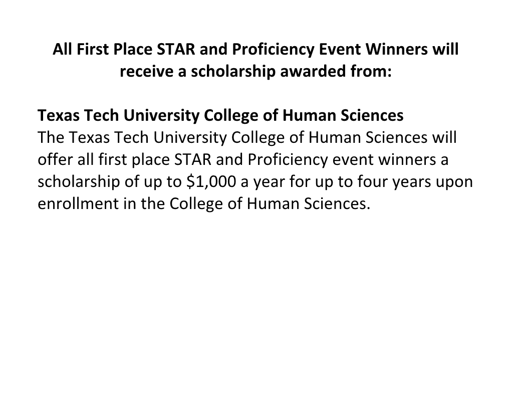 All First Place STAR and Proficiency Event Winners Will Receive a Scholarship Awarded From