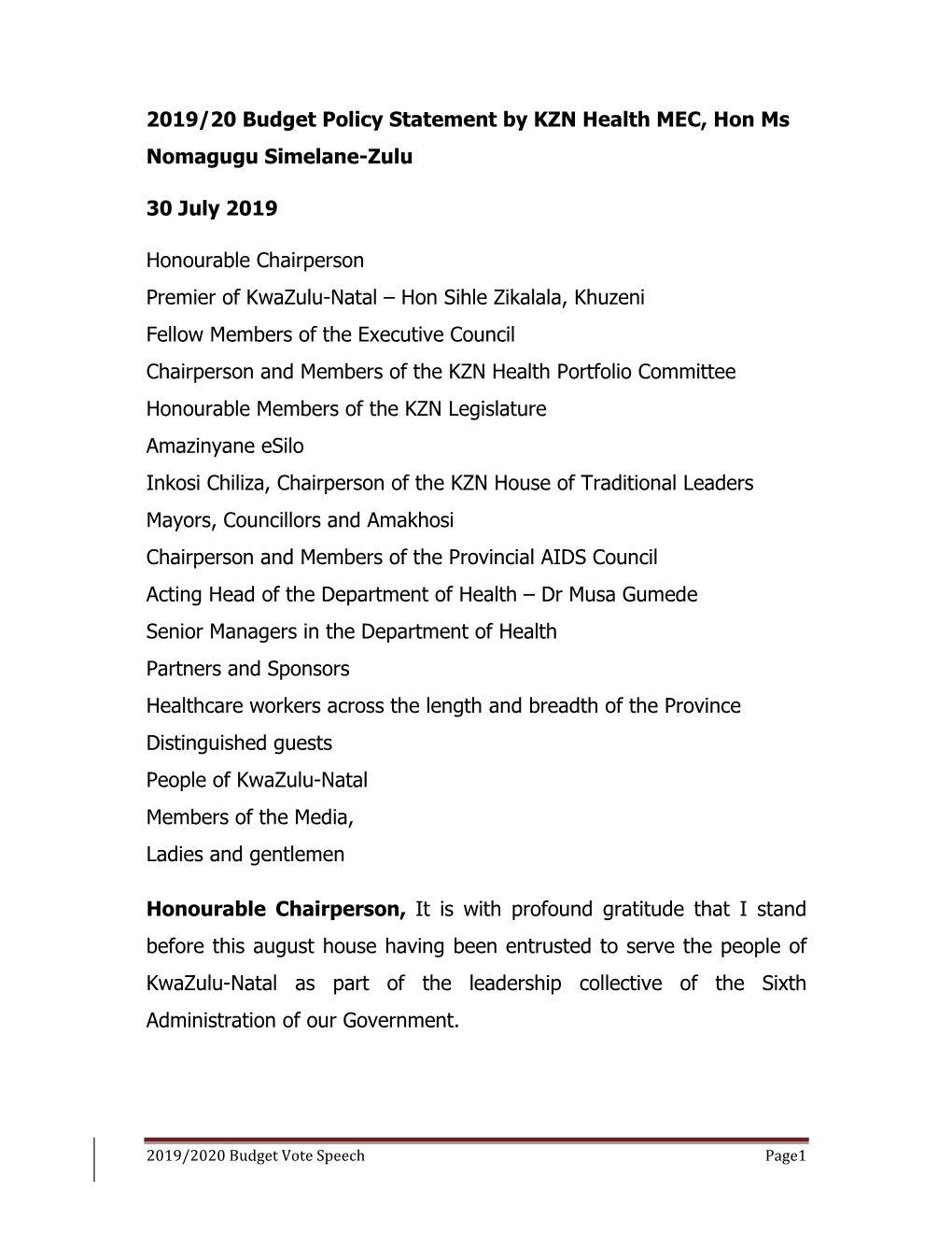 2019/20 Budget Policy Statement by KZN Health MEC, Hon Ms Nomagugu Simelane-Zulu