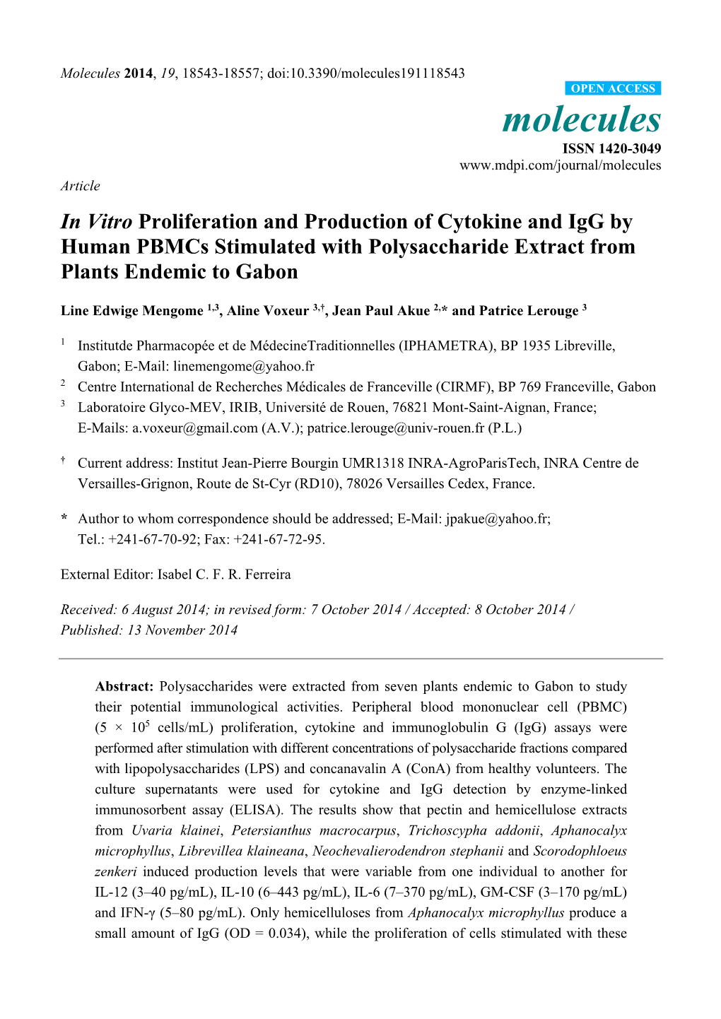 In Vitro Proliferation and Production of Cytokine and Igg by Human Pbmcs Stimulated with Polysaccharide Extract from Plants Endemic to Gabon