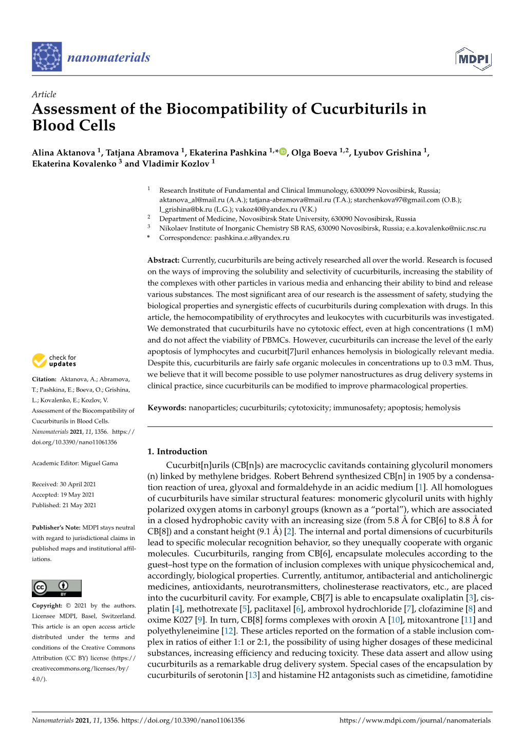Assessment of the Biocompatibility of Cucurbiturils in Blood Cells