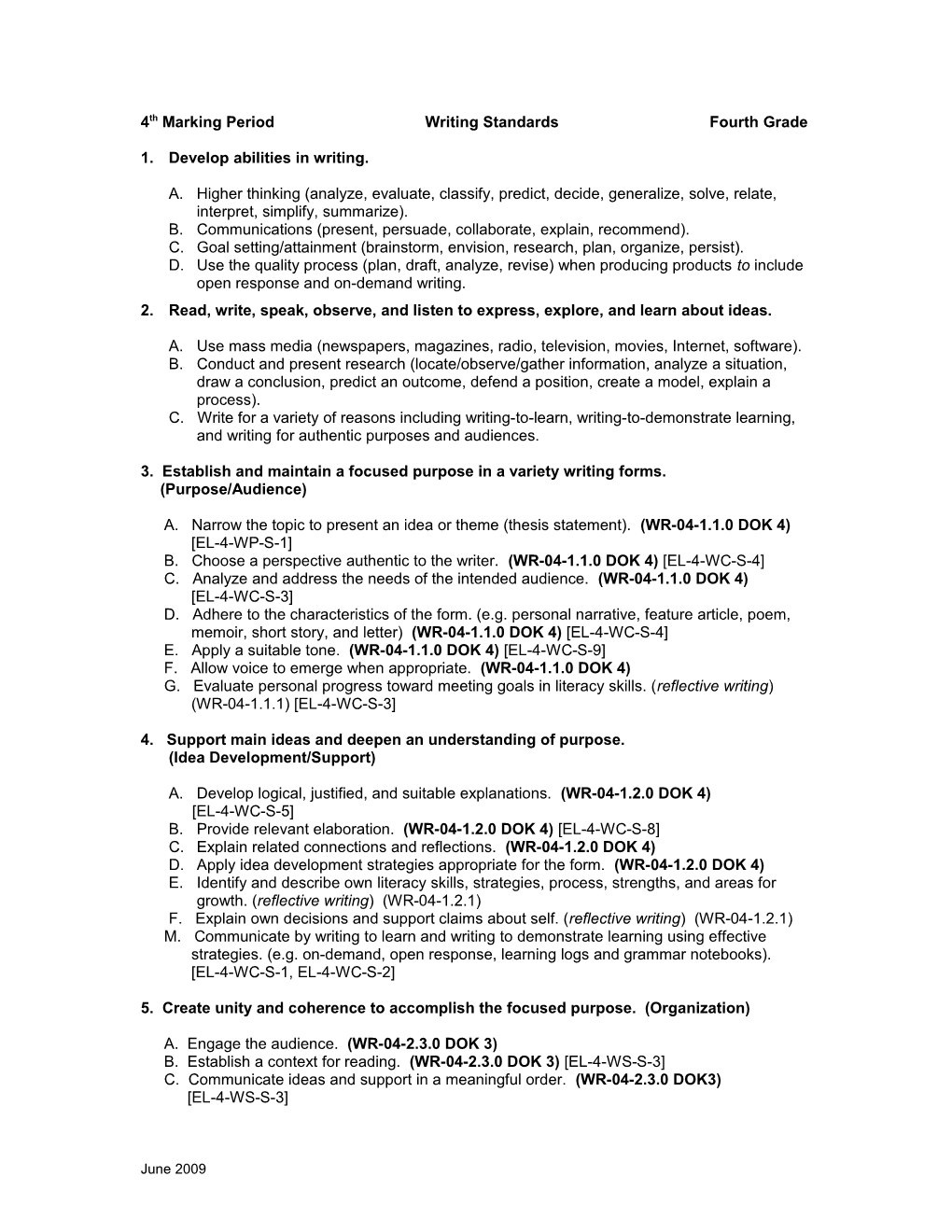 4Th Marking Period Writing Standards Fourth Grade