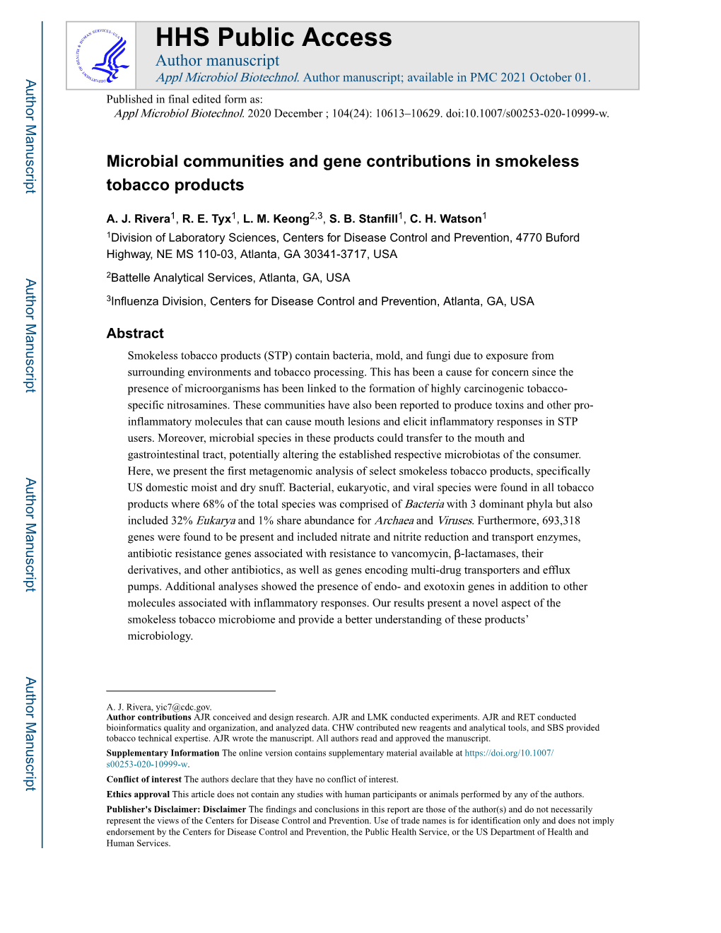 Microbial Communities and Gene Contributions in Smokeless Tobacco Products