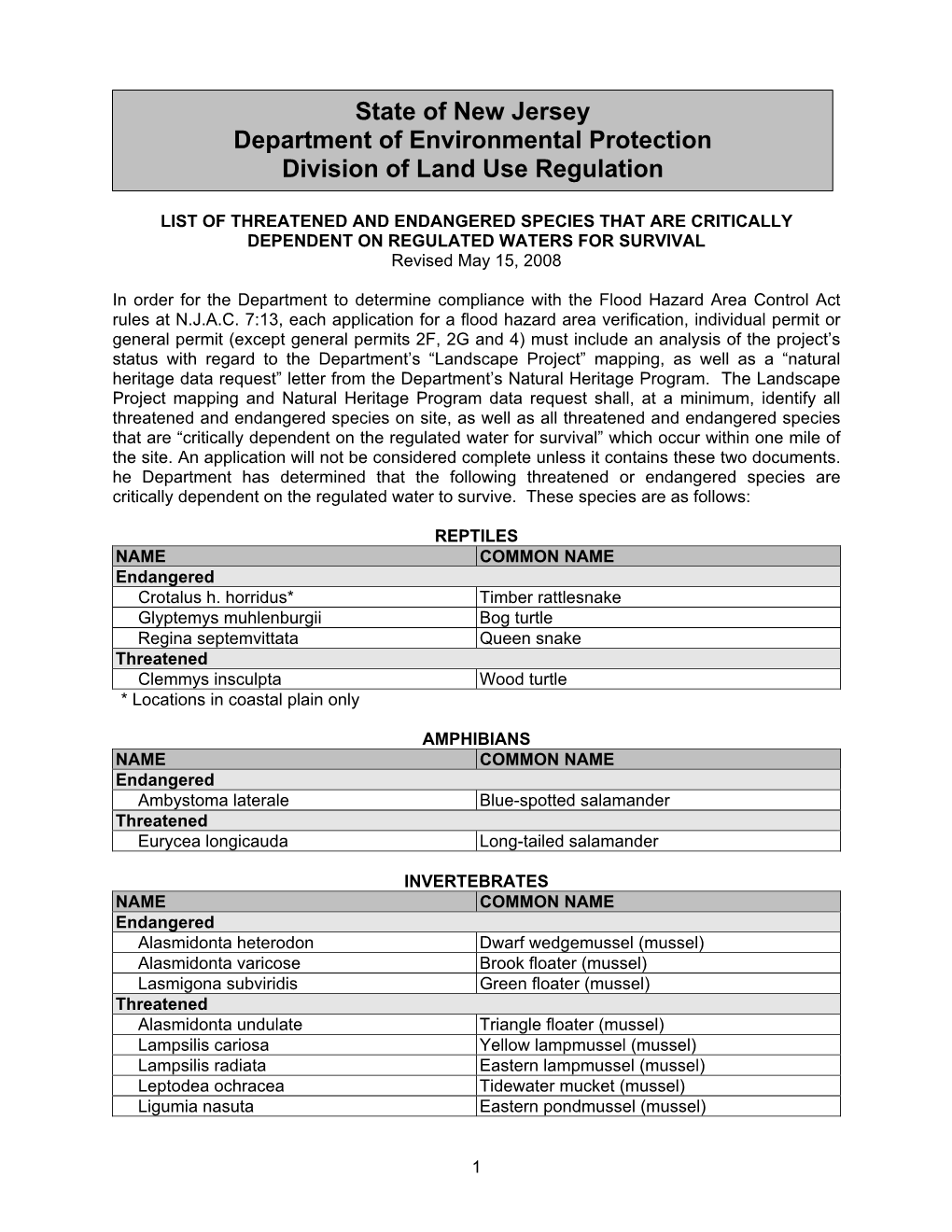 State of New Jersey Department of Environmental Protection Division of Land Use Regulation