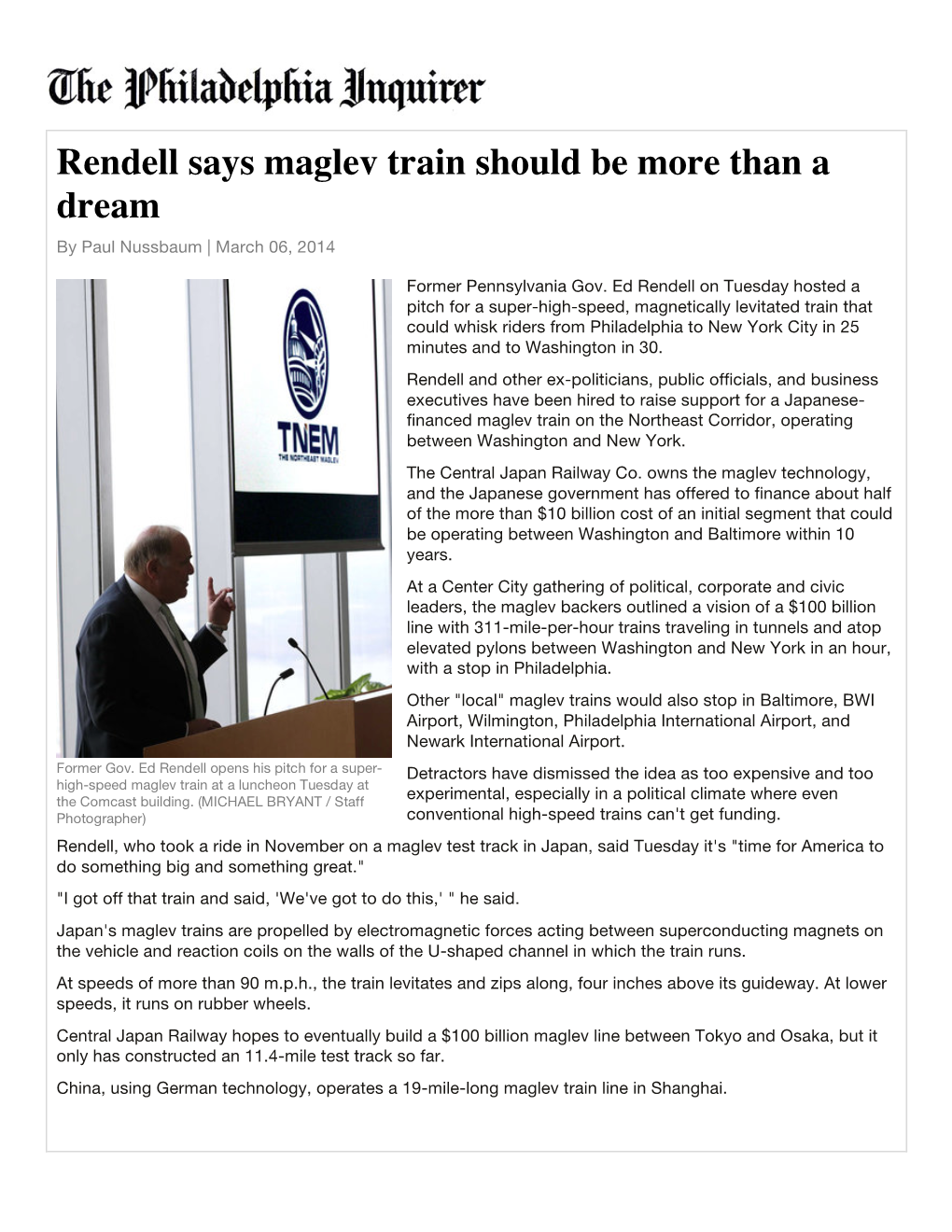 Rendell Says Maglev Train Should Be More Than a Dream by Paul Nussbaum | March 06, 2014