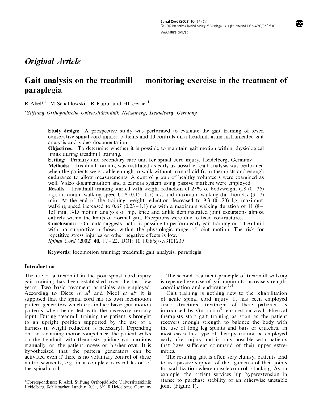 Original Article Gait Analysis on the Treadmill ± Monitoring Exercise in the Treatment of Paraplegia