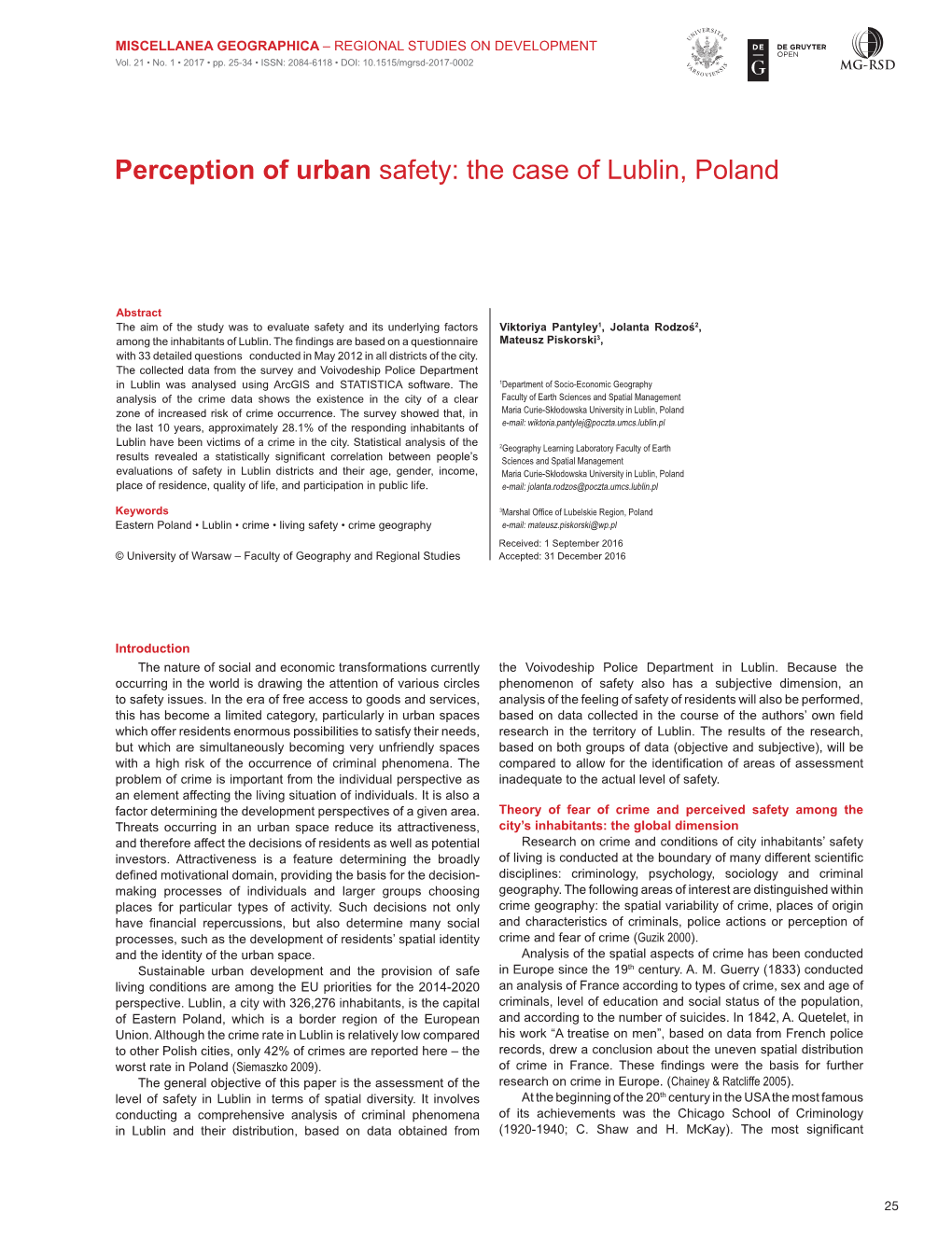 Perception of Urban Safety: the Case of Lublin, Poland