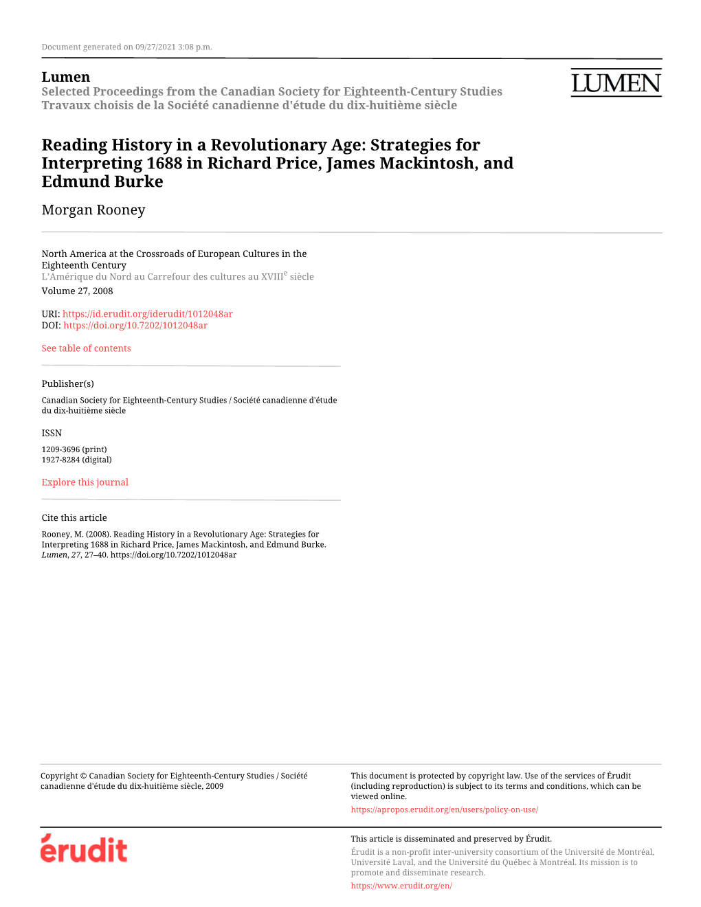 Strategies for Interpreting 1688 in Richard Price, James Mackintosh, and Edmund Burke Morgan Rooney