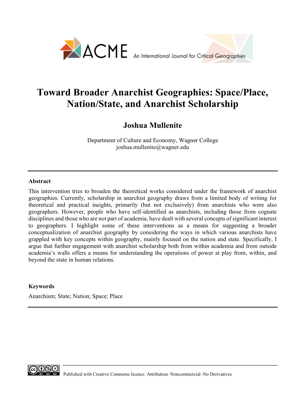 Toward Broader Anarchist Geographies: Space/Place, Nation/State, and Anarchist Scholarship