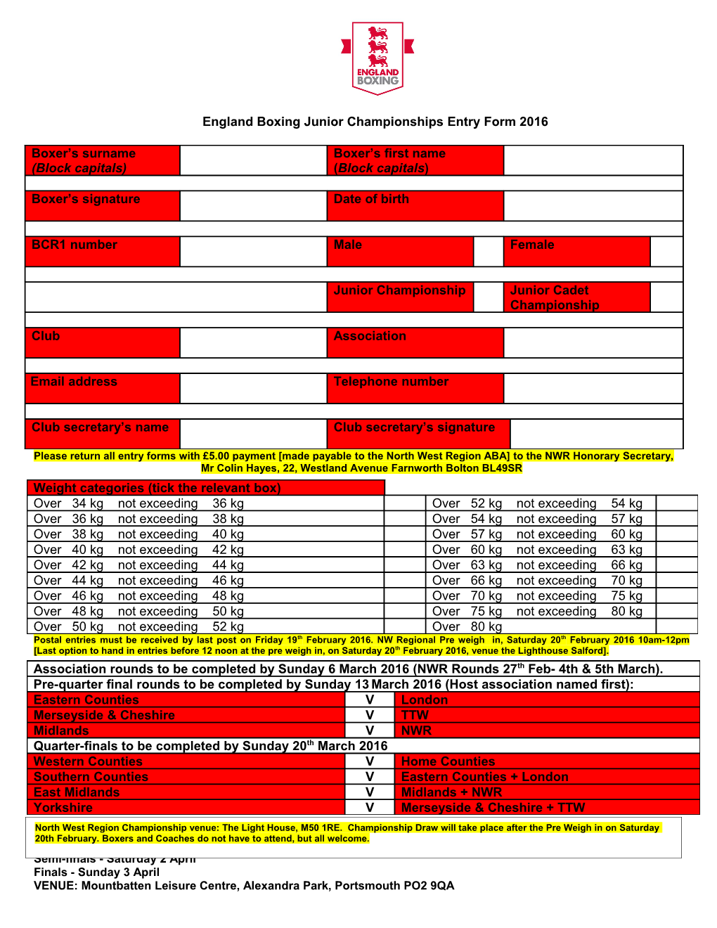 England Boxing Junior Championships Entry Form 2016