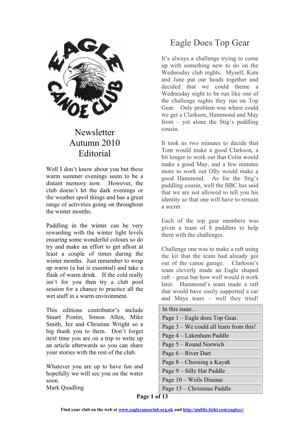 Newsletter Autumn 2010 Editorial Eagle Does