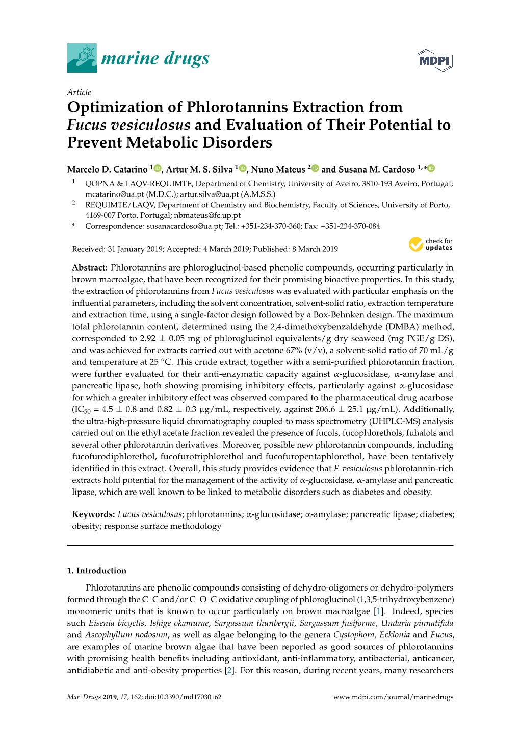 Optimization of Phlorotannins Extraction from Fucus Vesiculosus and Evaluation of Their Potential to Prevent Metabolic Disorders