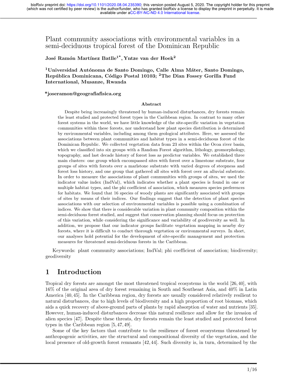 Plant Community Associations with Environmental Variables in a Semi-Deciduous Tropical Forest of the Dominican Republic