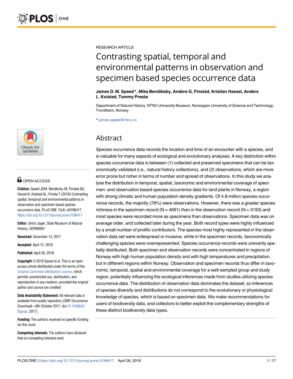 Contrasting Spatial, Temporal and Environmental Patterns in Observation and Specimen Based Species Occurrence Data