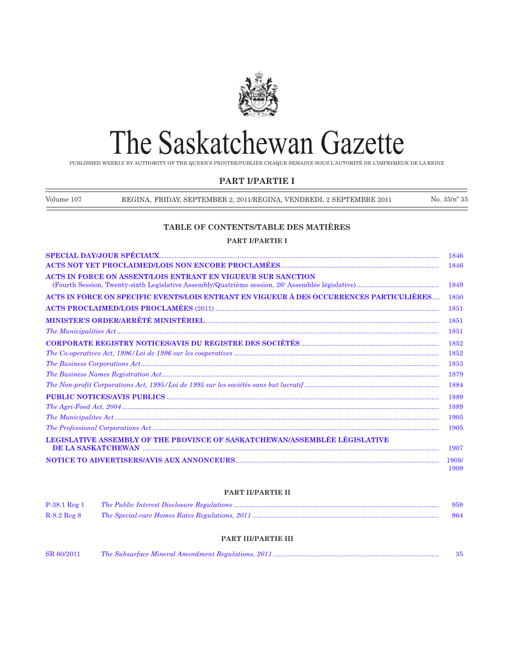 The Saskatchewan Gazette, September 2, 2011 1845