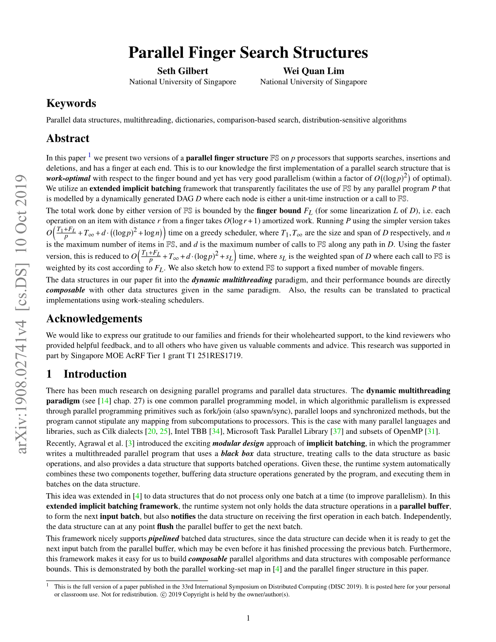 Parallel Finger Search Structures Arxiv:1908.02741V4 [Cs.DS]