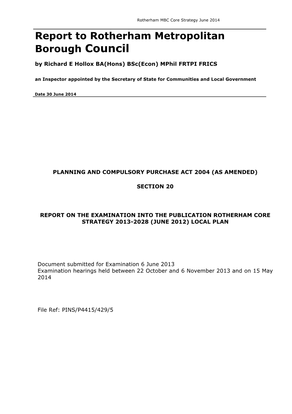 Rotherham Core Strategy Inspectors Report and Appendix