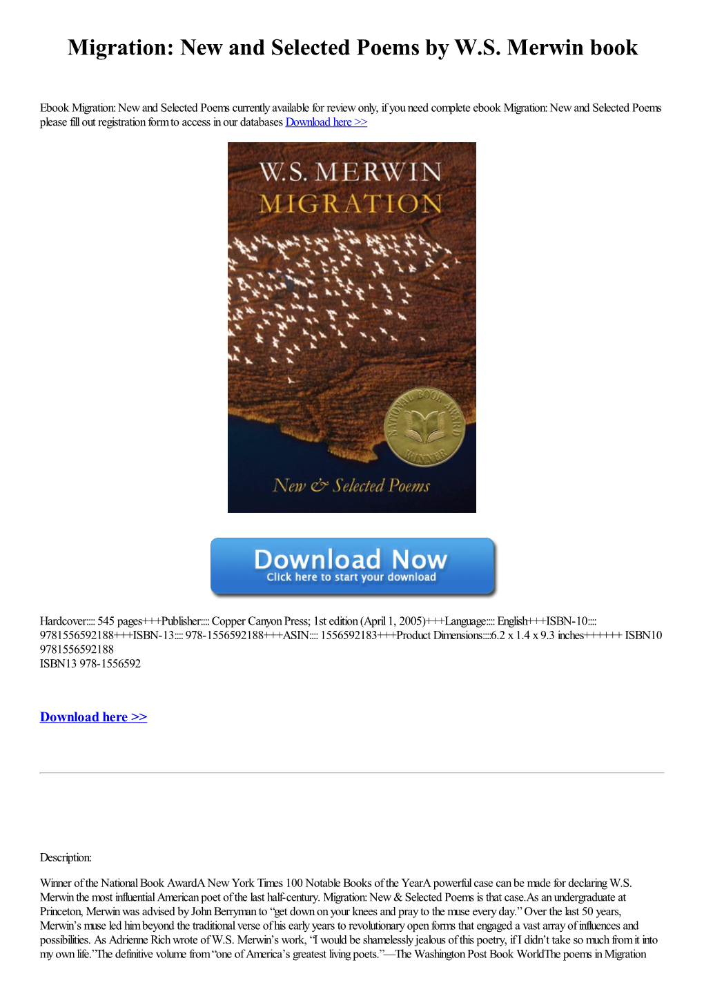 Migration: New and Selected Poems by W.S. Merwin Book
