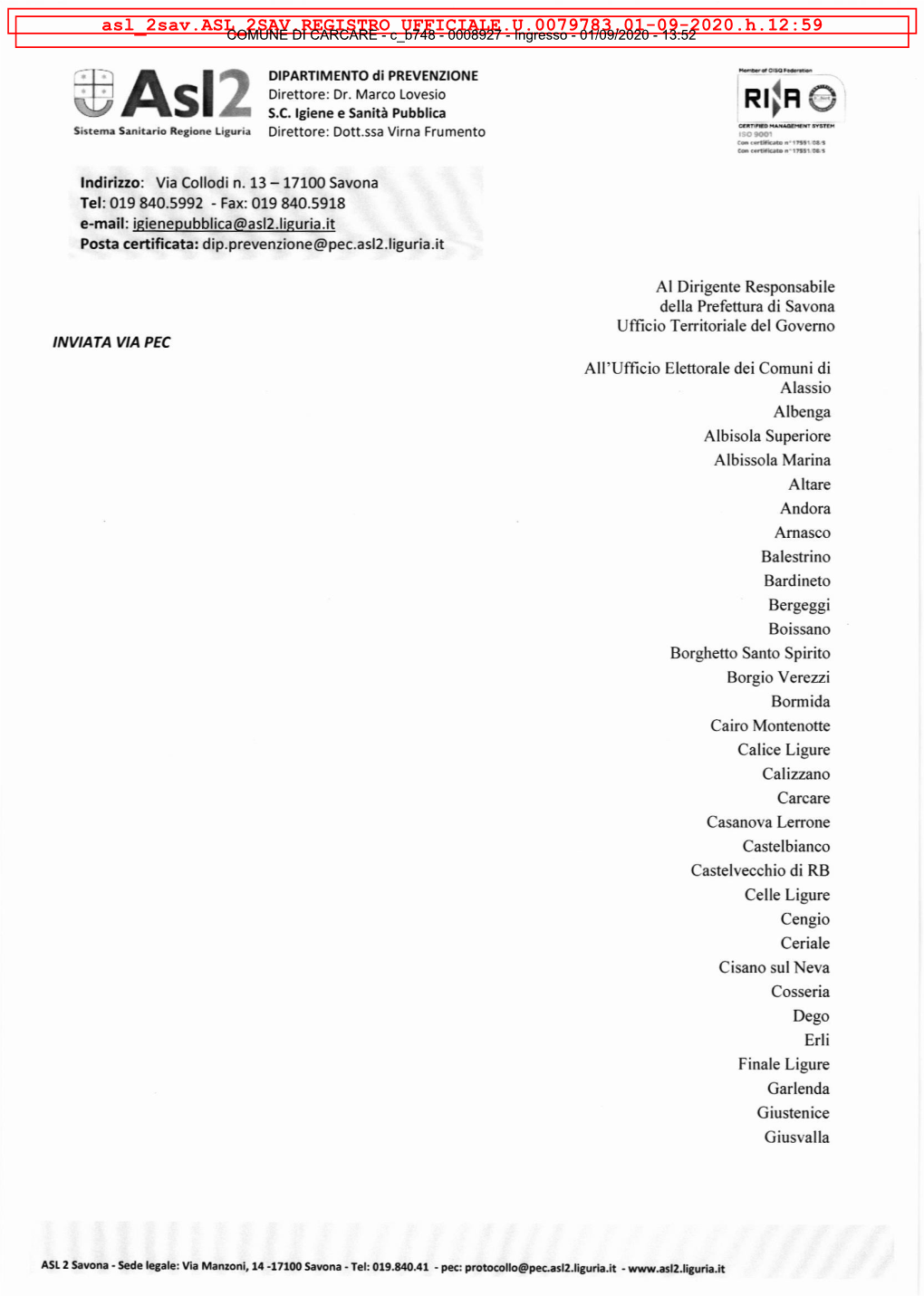 Asl 2Sav.ASL 2SAV.REGISTRO UFFICIALE.U.0079783.01-09-2020.H.12:59 COMUNE DI CARCARE - C B748 - 0008927 - Ingresso - 01/09/2020 - 13:52