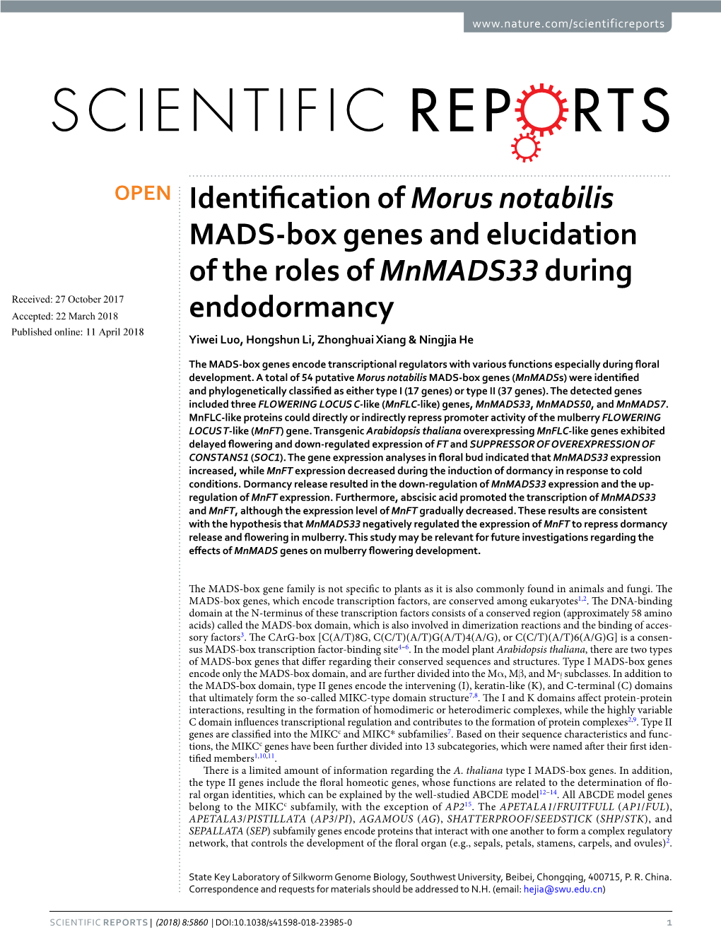 Identification of Morus Notabilis MADS-Box Genes and Elucidation