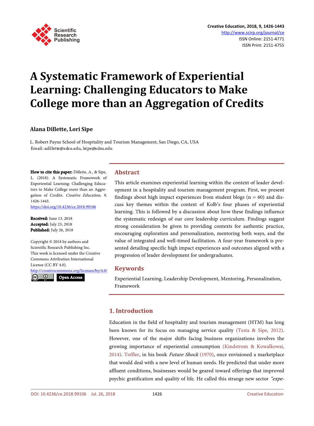 A Systematic Framework of Experiential Learning: Challenging Educators to Make College More Than an Aggregation of Credits