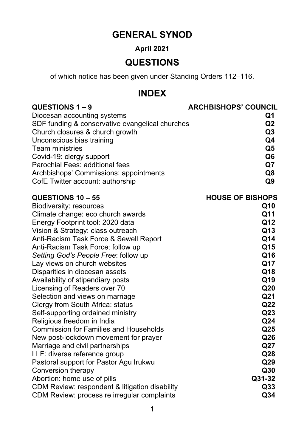 GENERAL SYNOD April 2021 QUESTIONS of Which Notice Has Been Given Under Standing Orders 112–116