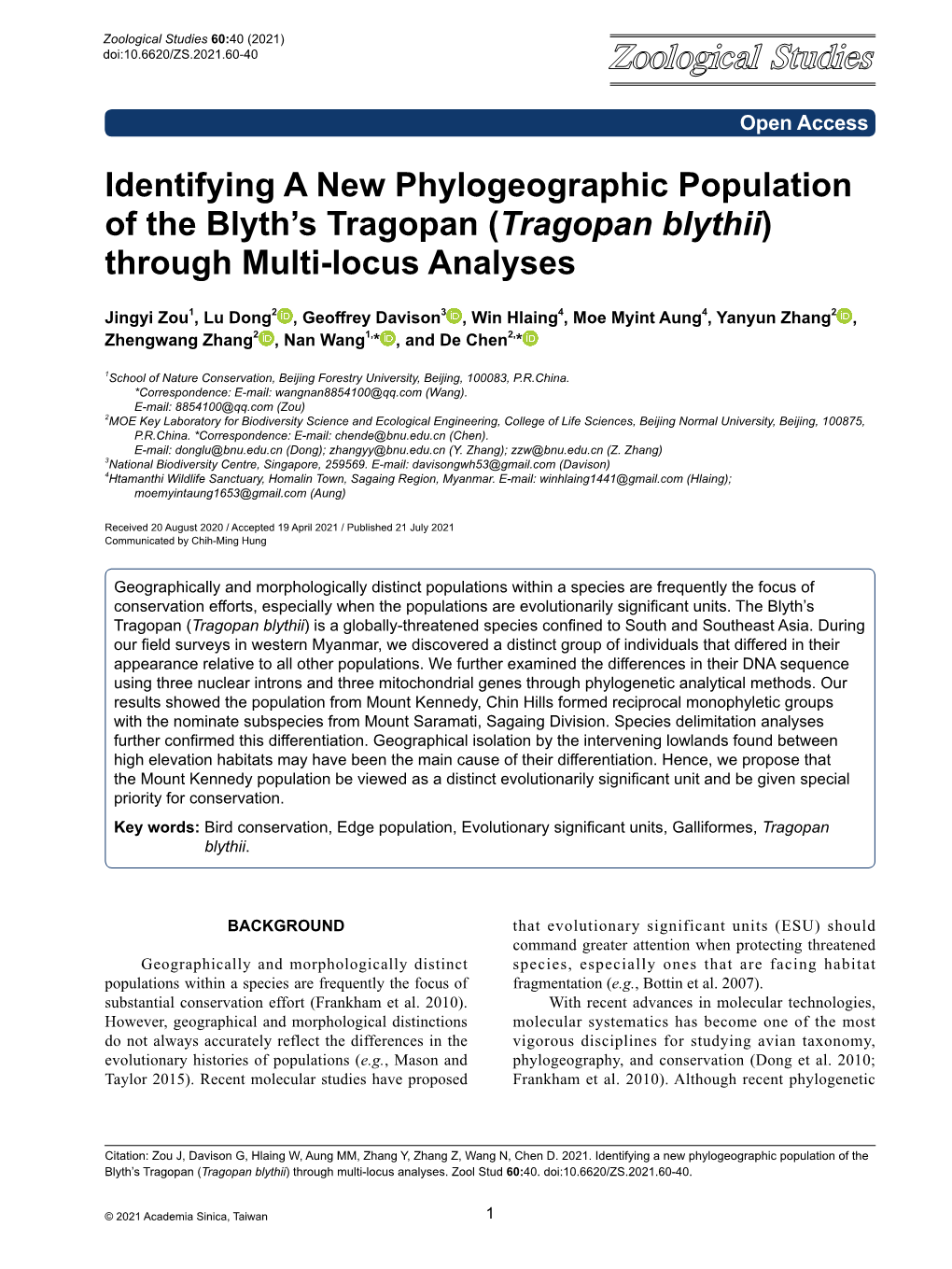 Identifying a New Phylogeographic Population of the Blyth's Tragopan (Tragopan Blythii) Through Multi-Locus Analyses