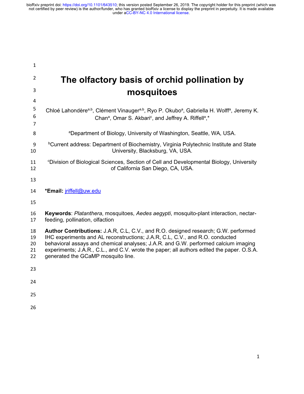 The Olfactory Basis of Orchid Pollination by Mosquitoes