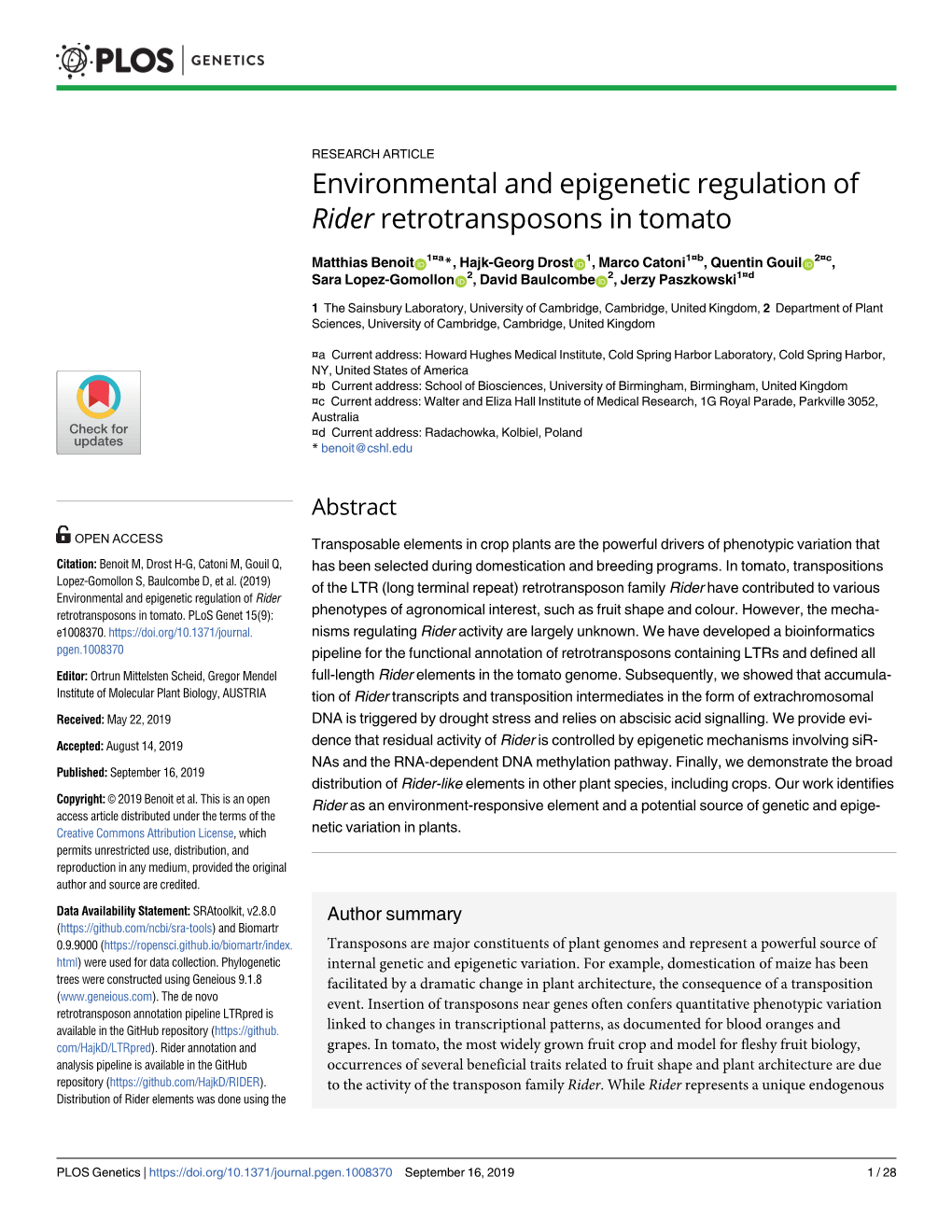 Environmental and Epigenetic Regulation of Rider Retrotransposons in Tomato