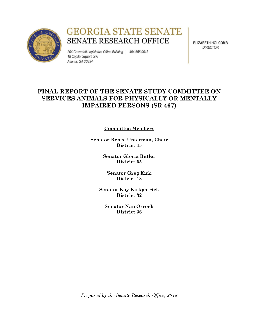 Final Report of the Senate Study Committee on Services Animals for Physically Or Mentally Impaired Persons (Sr 467)