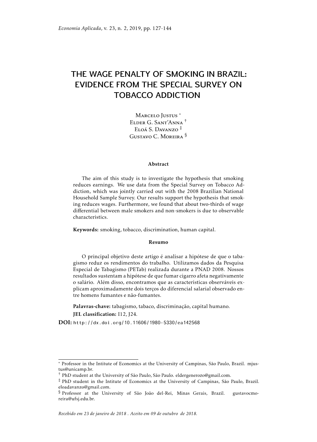 The Wage Penalty of Smoking in Brazil: Evidence from the Special Survey on Tobacco Addiction