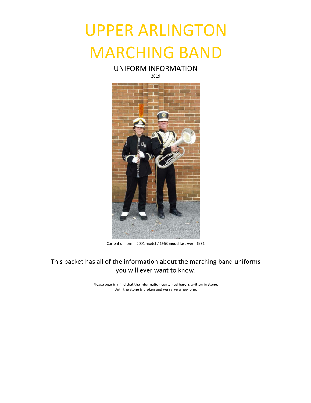 Upper Arlington Marching Band Uniform Information 2019