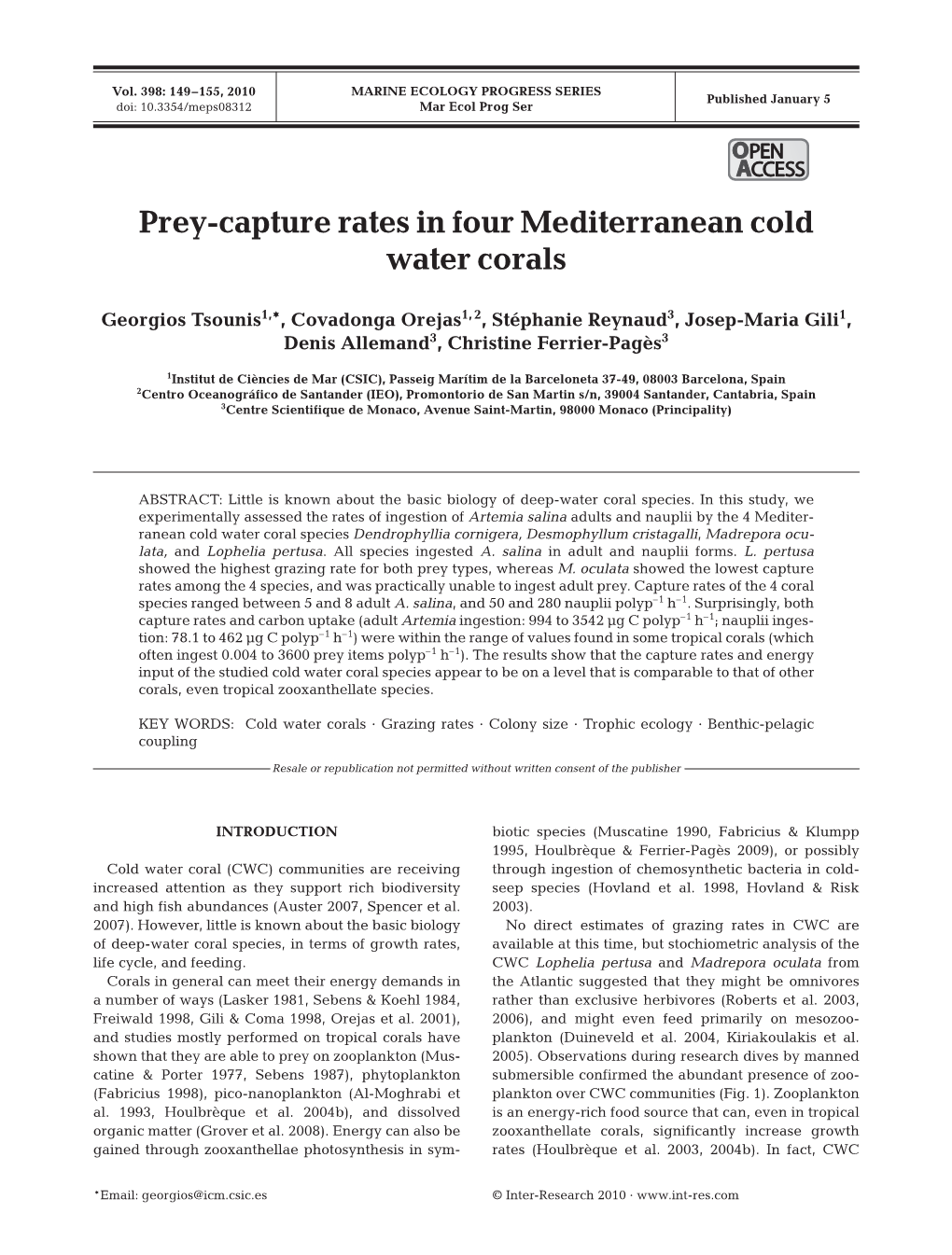 Prey-Capture Rates in Four Mediterranean Cold Water Corals