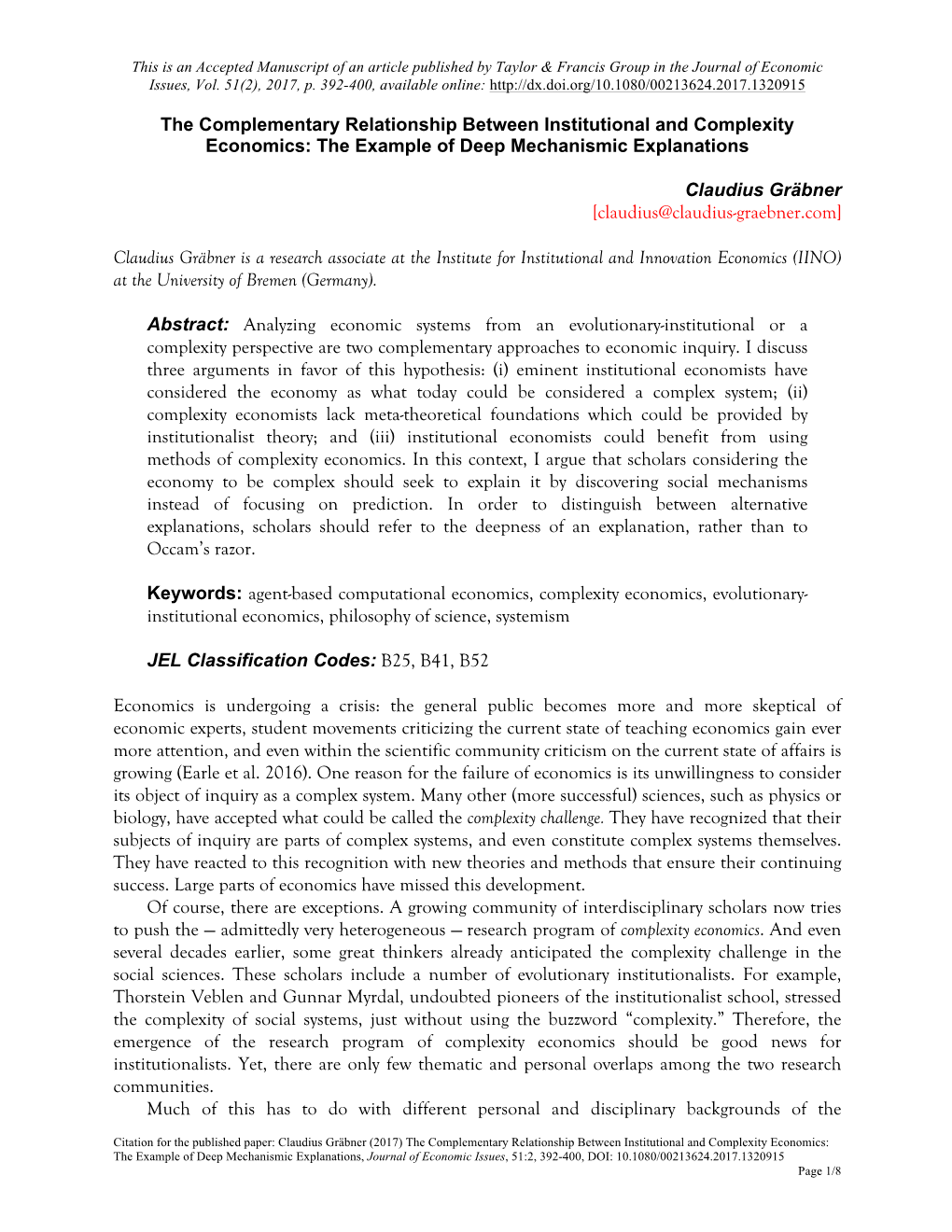 Accepted Manuscript of an Article Published by Taylor & Francis Group in the Journal of Economic Issues, Vol