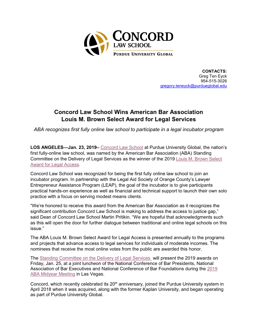 Concord Law School Wins American Bar Association Louis M. Brown