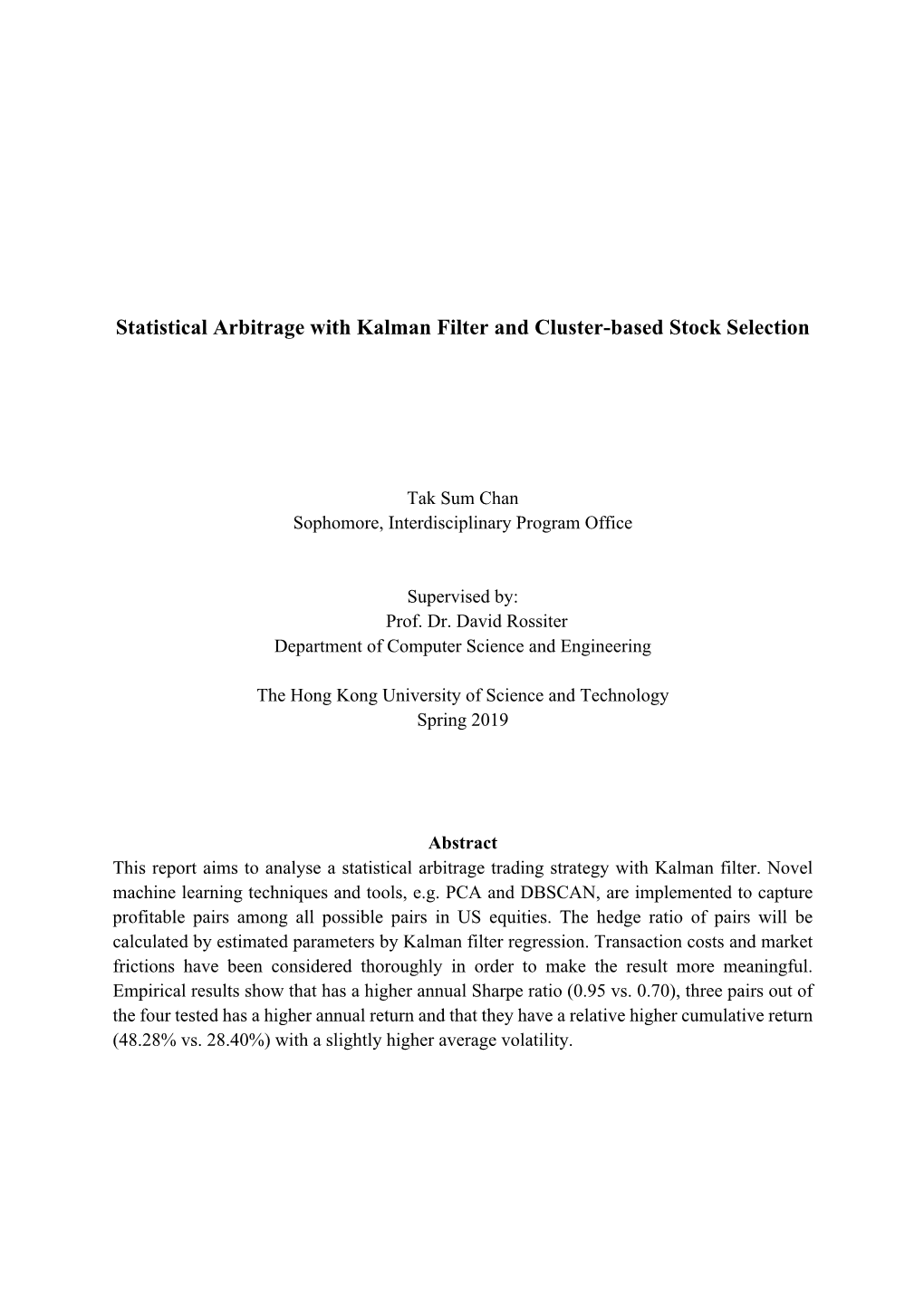 Statistical Arbitrage with Kalman Filter and Cluster-Based Stock Selection
