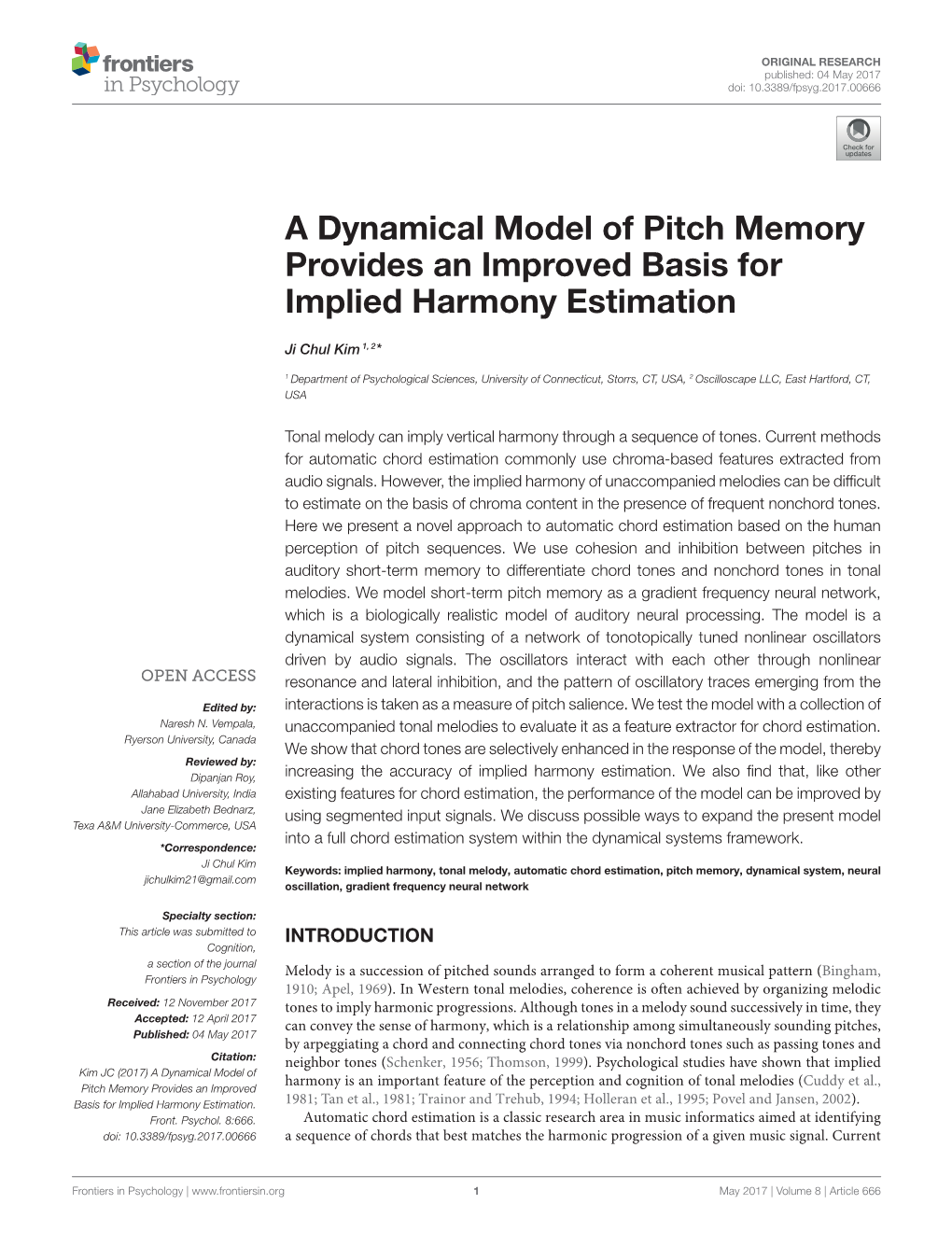 A Dynamical Model of Pitch Memory Provides an Improved Basis for Implied Harmony Estimation