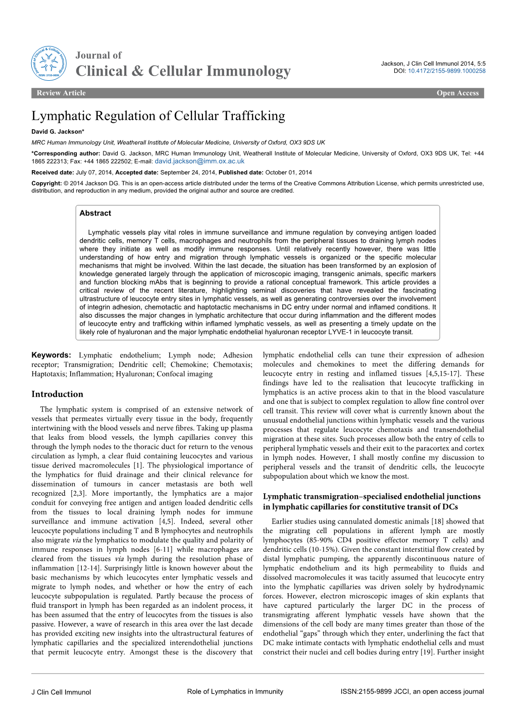 Lymphatic Regulation of Cellular Trafficking David G