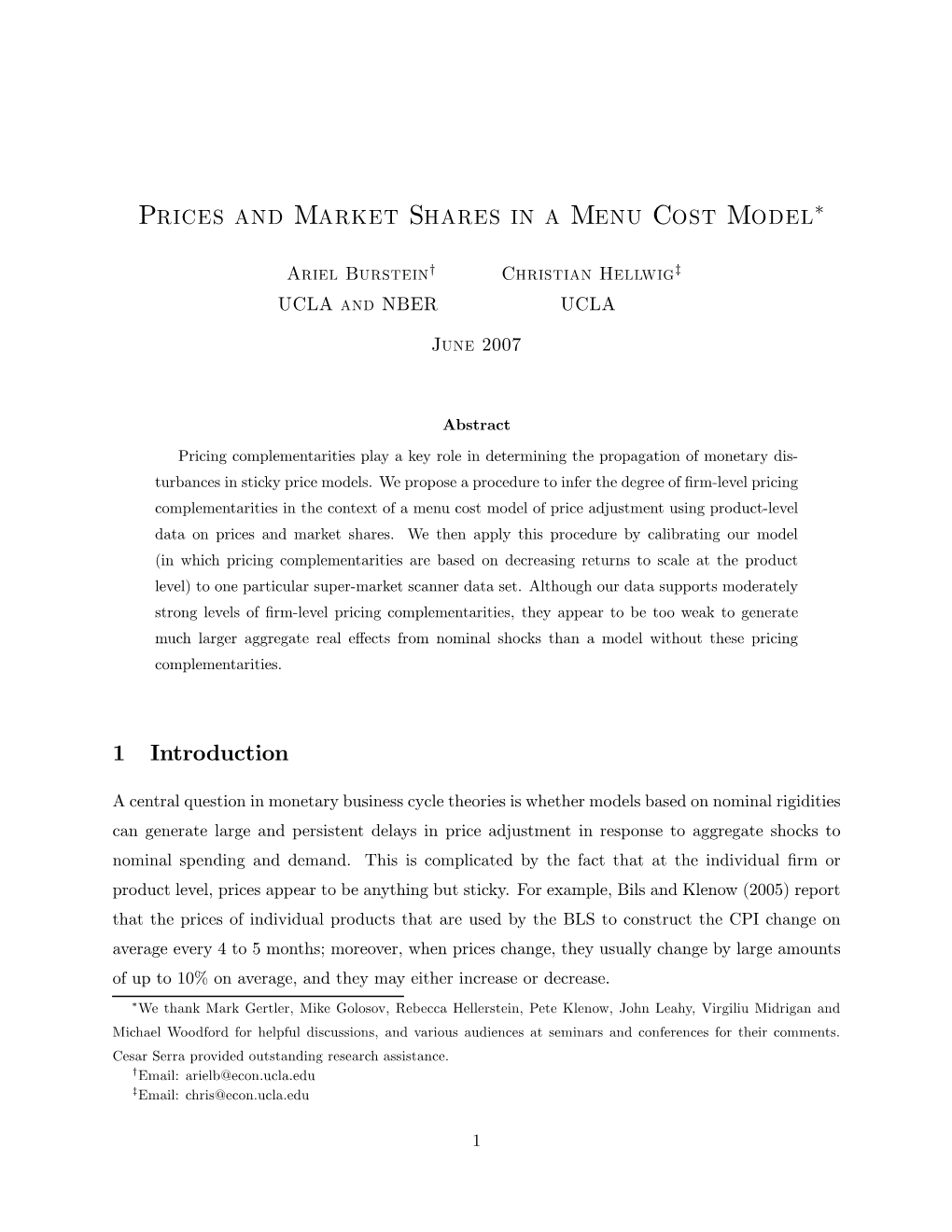 Prices and Market Shares in a Menu Cost Model∗