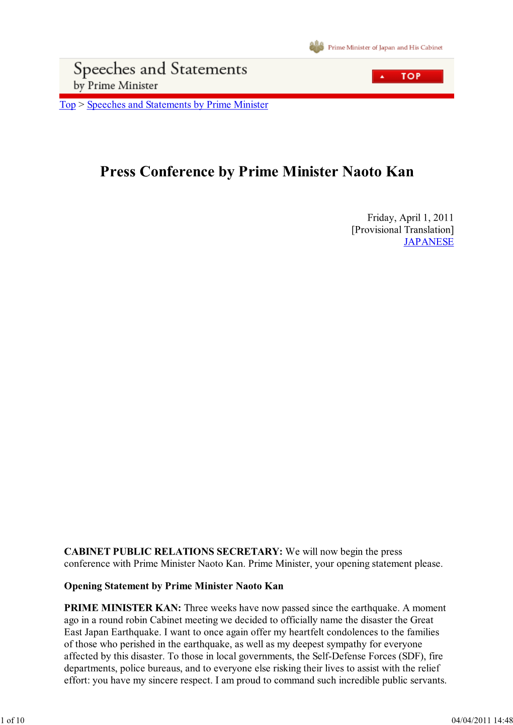 Press Conference by Prime Minister Naoto Kan