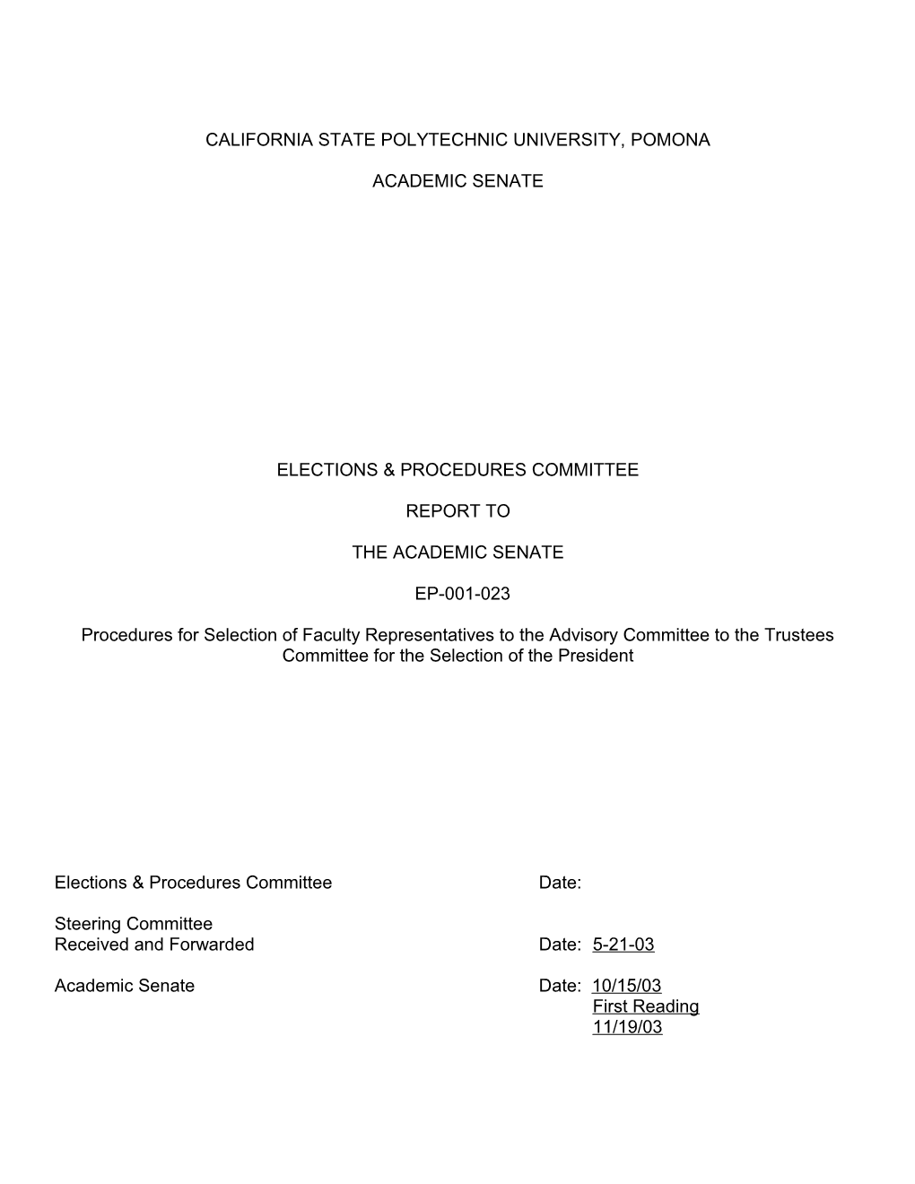 EP-001-023, Procedures for Selection of Faculty Representatives to the Advisory Committee