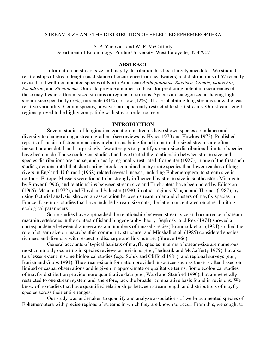 Stream Size and the Distribution of Selected Ephemeroptera