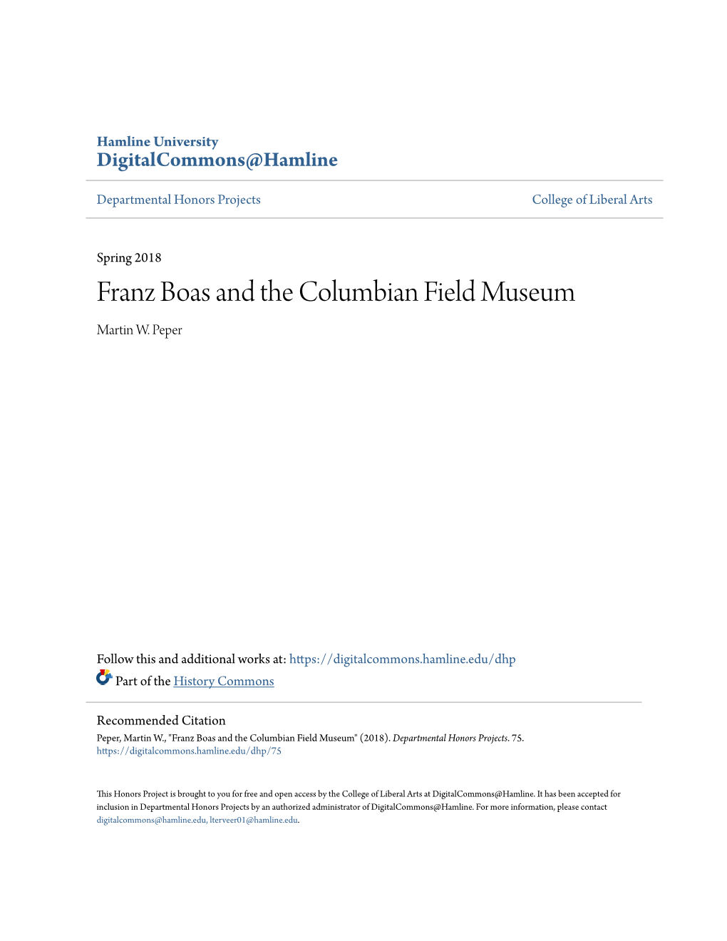 Franz Boas and the Columbian Field Museum Martin W