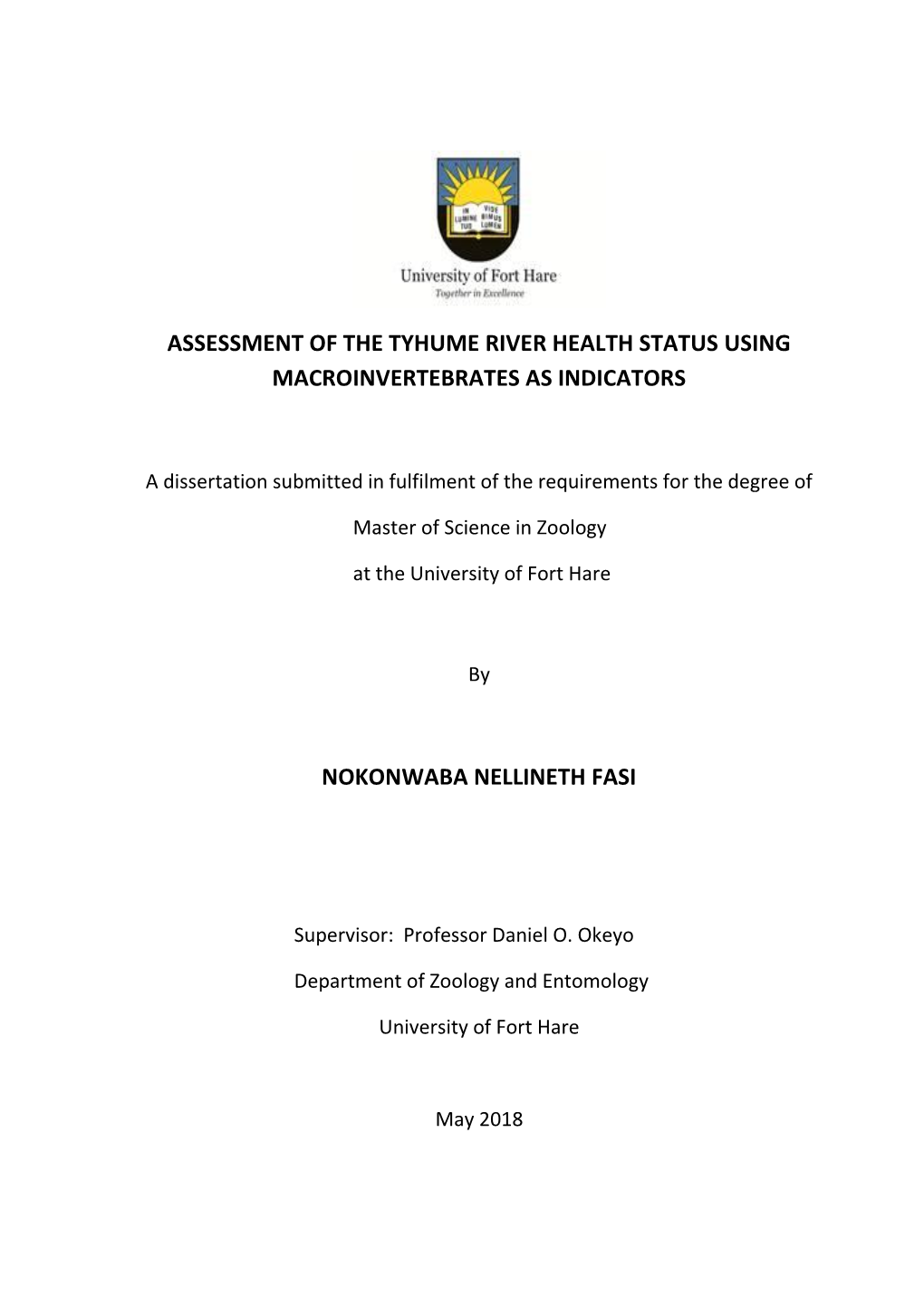 Assessment of the Tyhume River Health Status Using Macroinvertebrates As Indicators