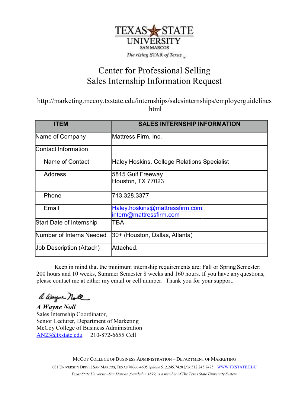 Center for Professional Selling Sales Internship Information Request