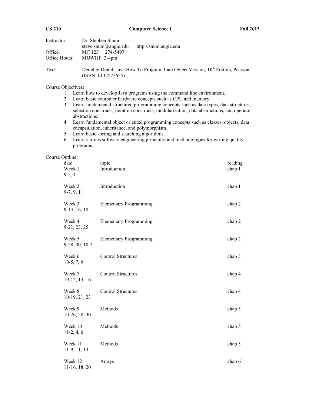 CS 210 Computer Science I Summer 1999