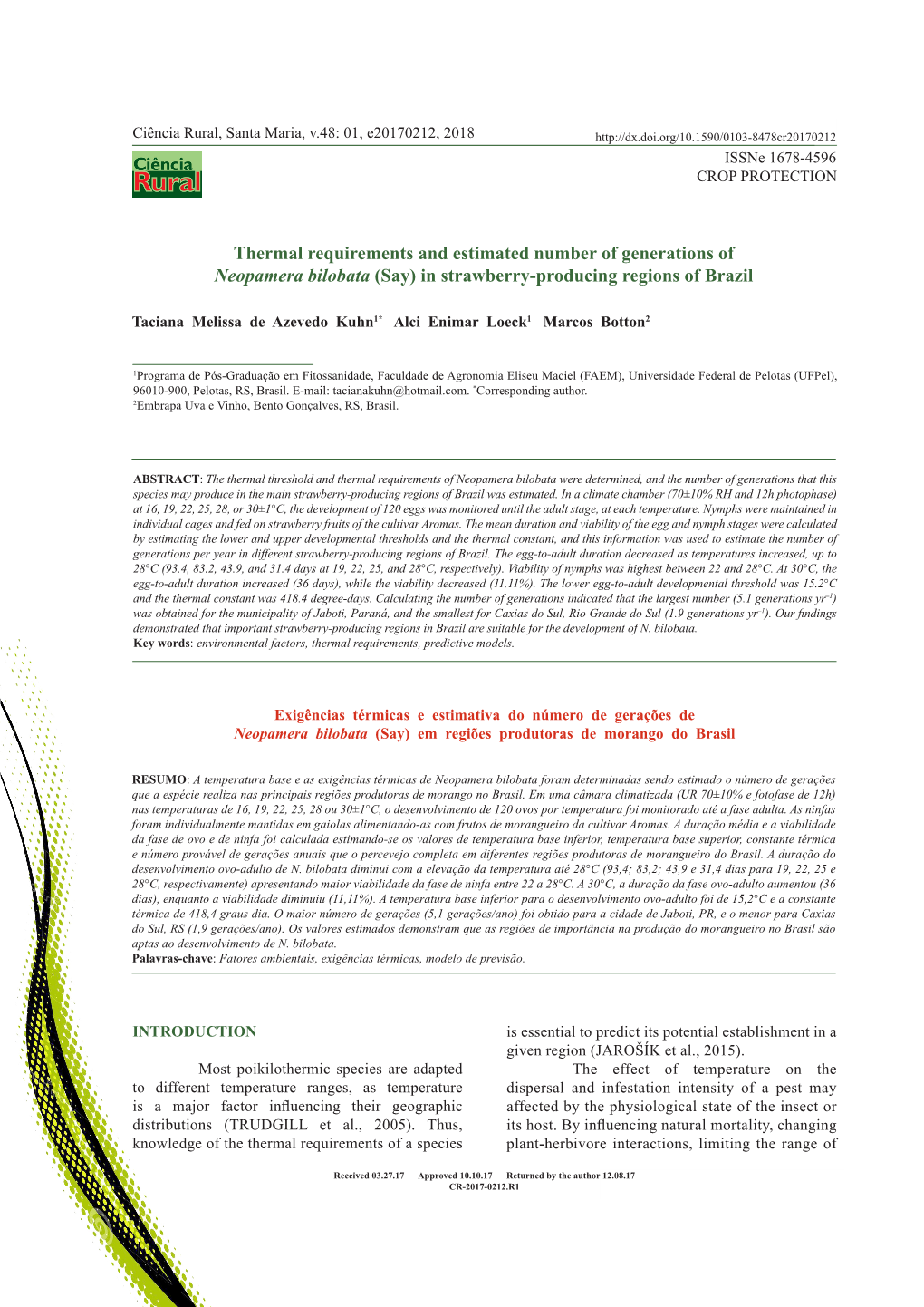 Thermal Requirements and Estimated Number of Generations of Neopamera Bilobata (Say) in Strawberry-Producing Regions of Brazil