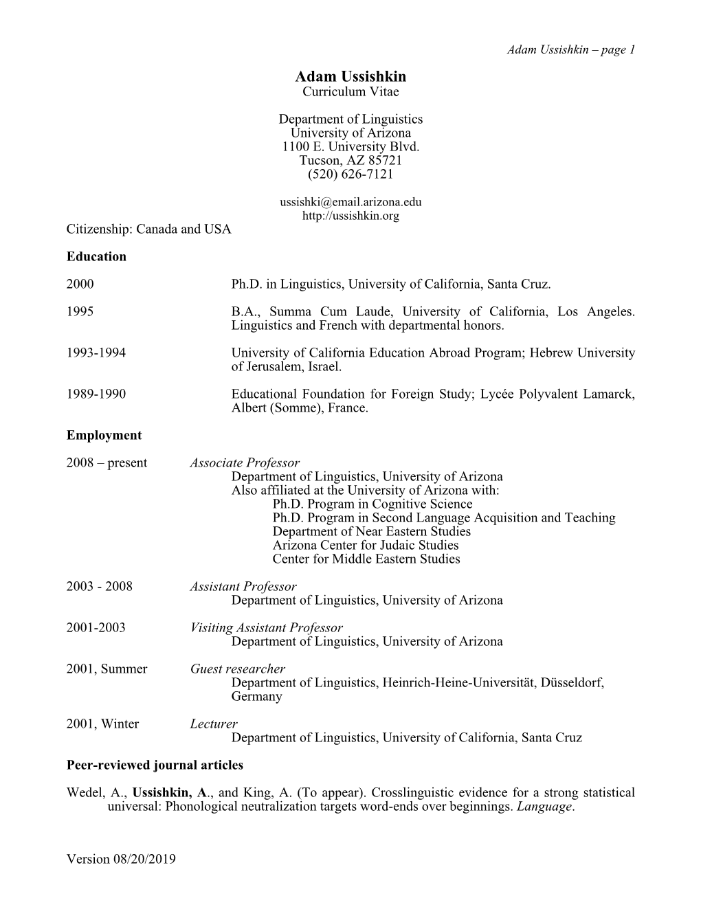 Adam Ussishkin – Page 1 Adam Ussishkin Curriculum Vitae