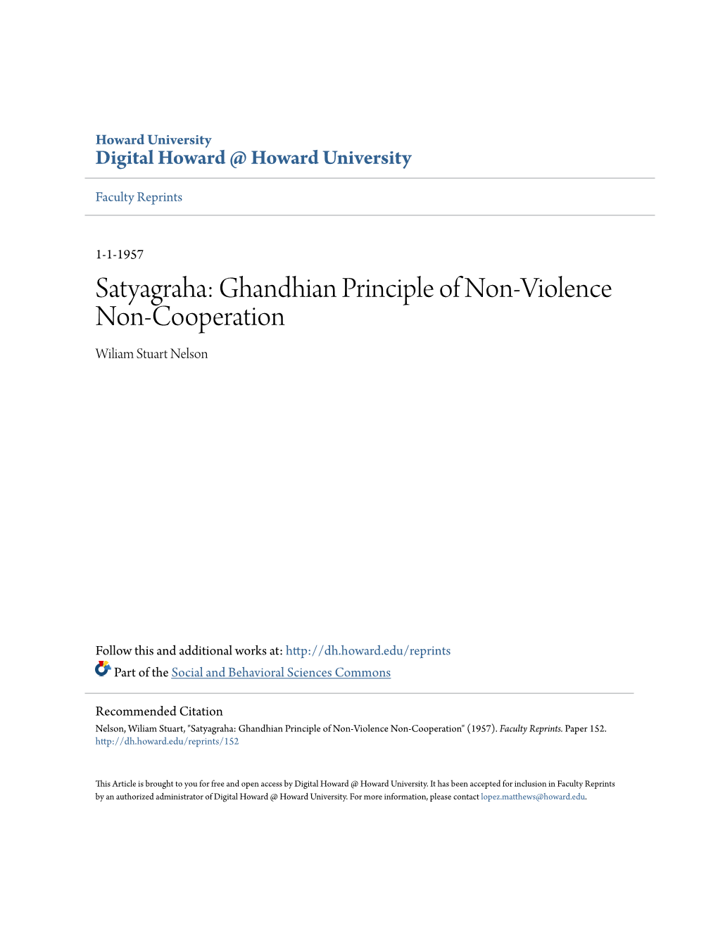 Satyagraha: Ghandhian Principle of Non-Violence Non-Cooperation Wiliam Stuart Nelson