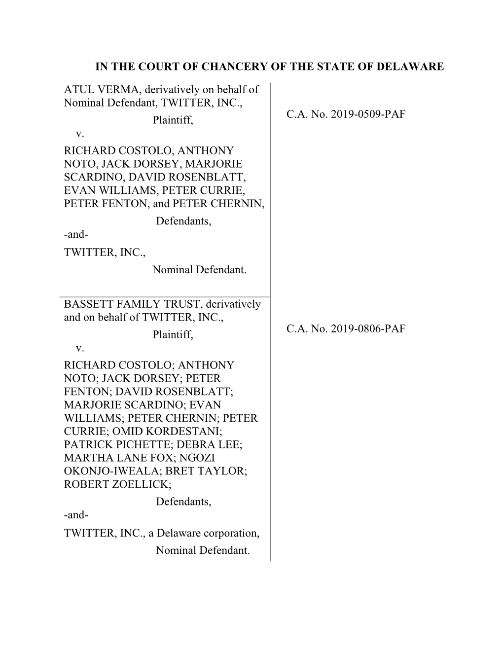 IN the COURT of CHANCERY of the STATE of DELAWARE ATUL VERMA, Derivatively on Behalf of Nominal Defendant, TWITTER, INC., C.A