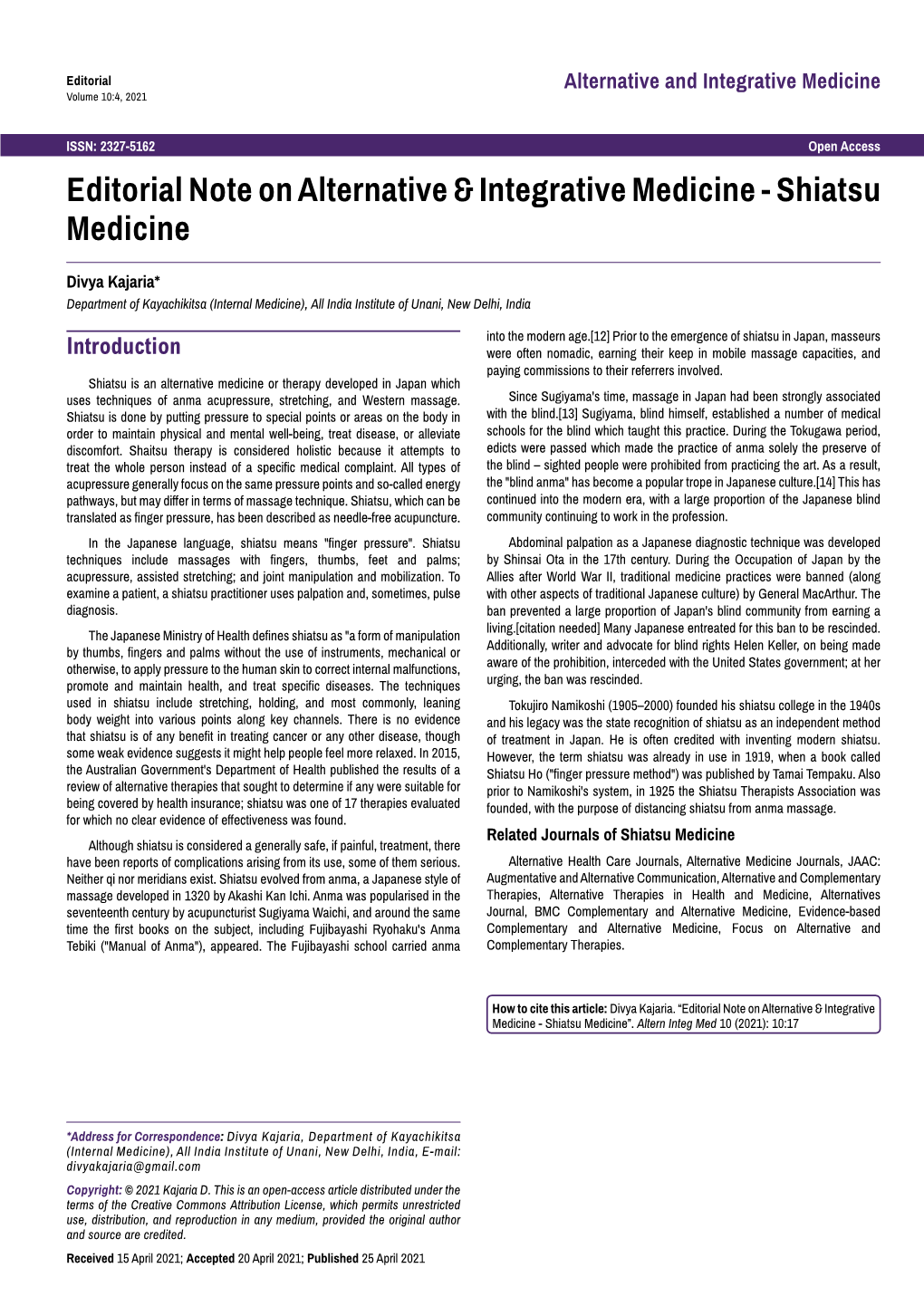 Editorial Note on Alternative & Integrative